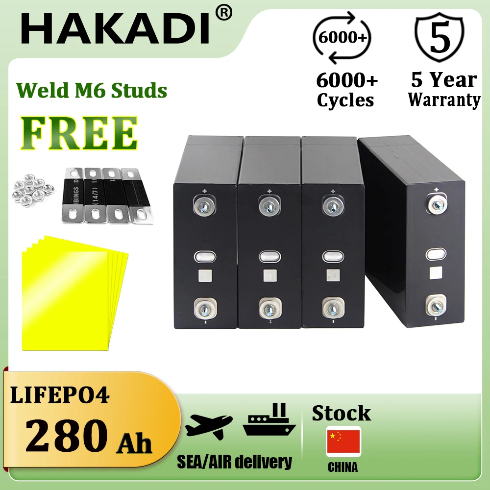 HAKADI Lifepo4 3.2V 280Ah Rechargeable Lifepo4 Prismatic Batteries  4-16PCS For DIY Solar Energy Storage Boat RV Outdoor Power