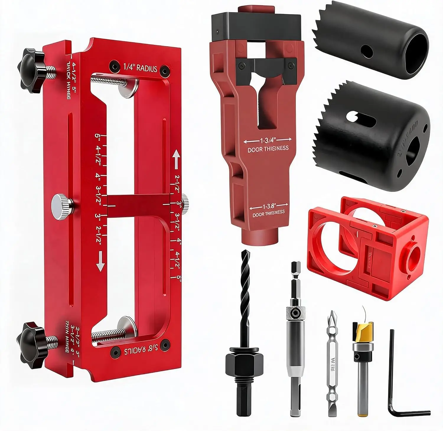 Tacleekii Door Hinge Jig Kit for Router, Door Lock Template Tool Set Adjustable Mortise Jig, Drill Guide, Aluminum Alloy Steel for Wood Door Installation, Hinge Routing, Lock Mortising