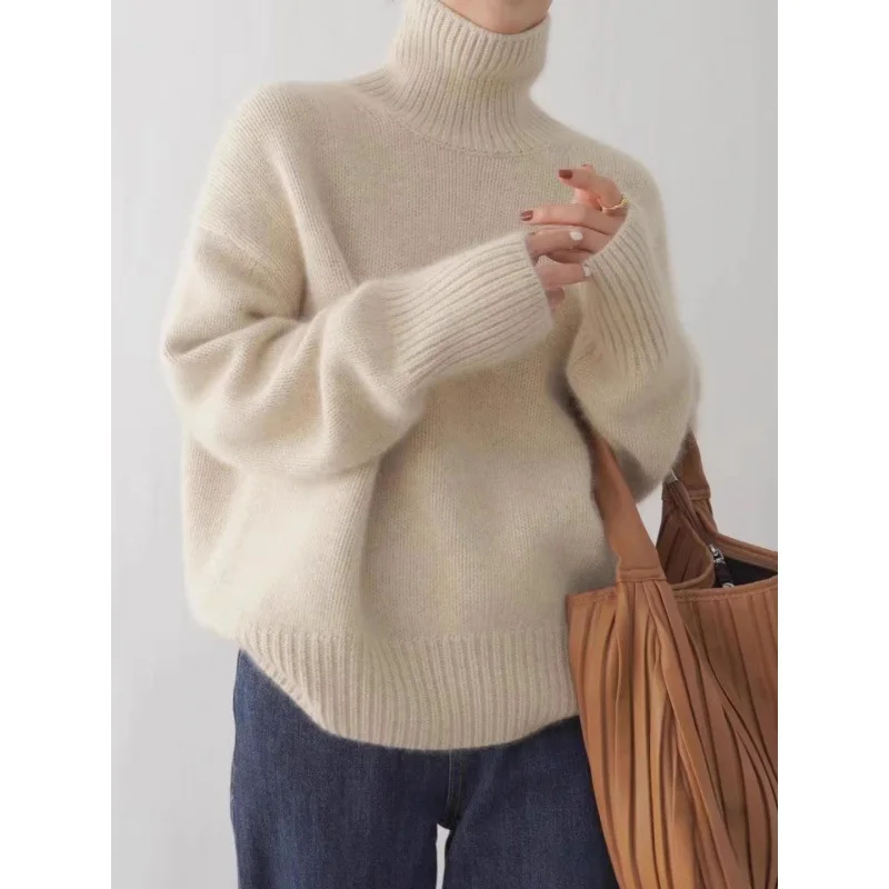 2025 AW Women's Thickened Cashmere Knit Sweater | Turtleneck Short Pullover | Solid Color Loose Lazy Style