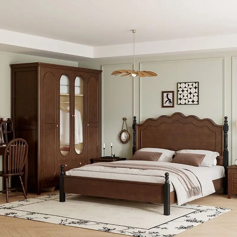 American style, solid wood bed 1.5 1.8M double, modern, simple, medieval, retro