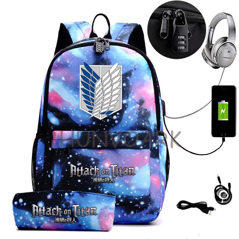 2pcs Attack on Titan Backpack USB Charge Waterproof Laptop Schoolbag For Teens Daypack High School Book Bag Mochilas