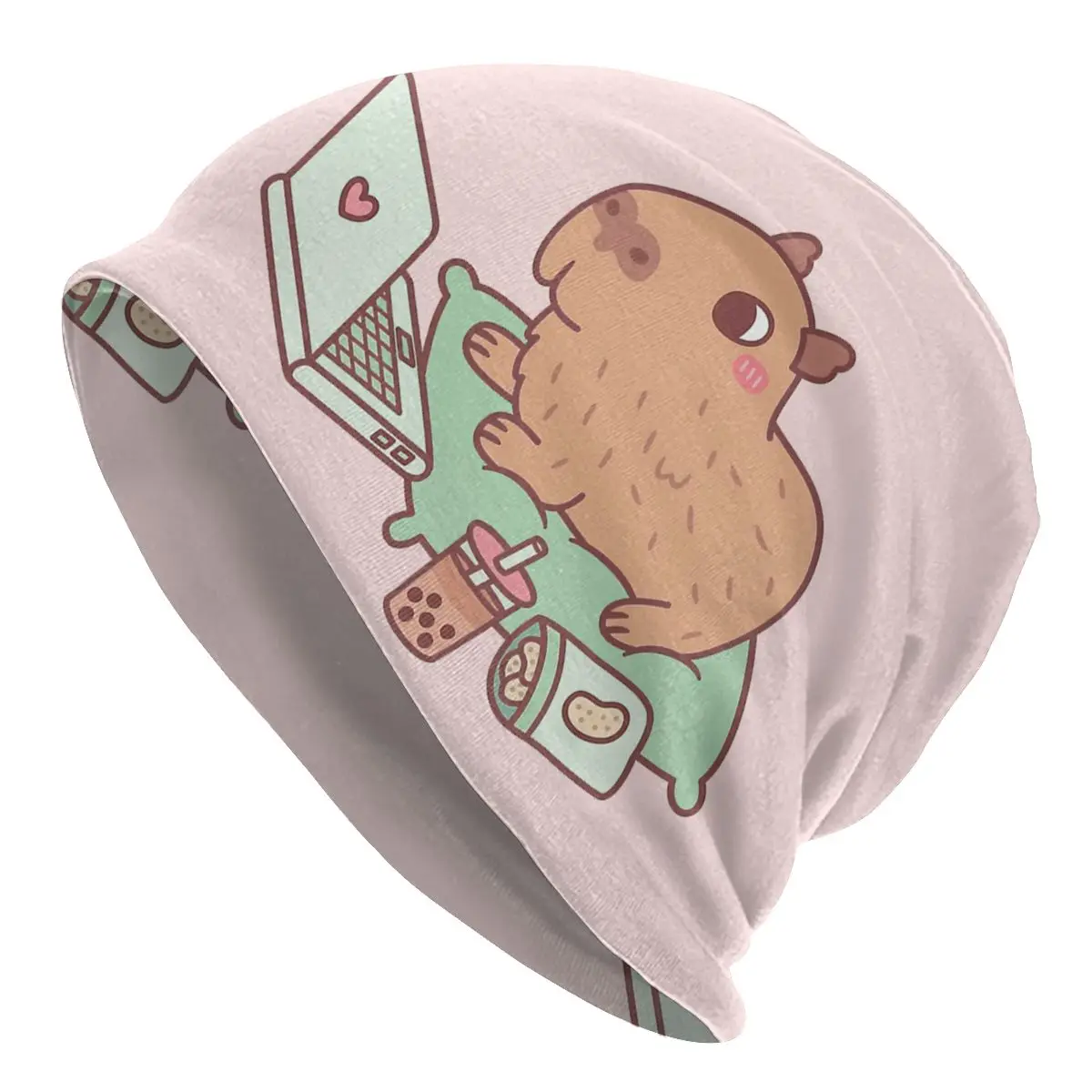 Cute Chilling Capybara With Laptop And Snacks Capybara Autumn Female Thin Beanies Windproof Unisex Skullies Bonnet Hats