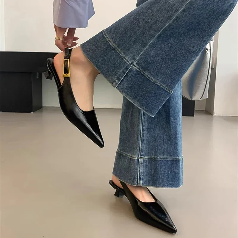 

Minimalist Soft Leather Fairy Slim Low Heel Style Sandals New A Single Strap Pointed Leather Shoes Fashion Elegant Women Sandals