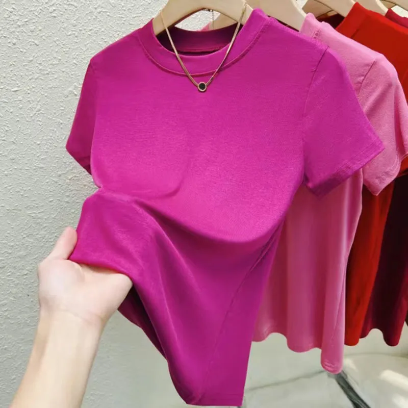 2024 Women\'s Clothing Summer New Short Sleeve Tops T-shirt Crew Neck Classic Solid Fit Versatile Slim facial mask T Top T-Shirts