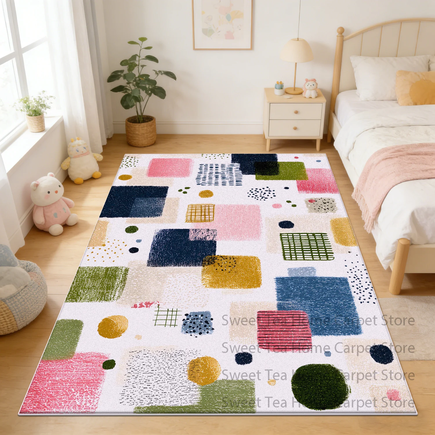 Modern Cute Color Blocking Bedroom Bedside Mat Decoration Machine Washable Soft Parlor Dining Room Carpet Non-slip Kitchen Rug