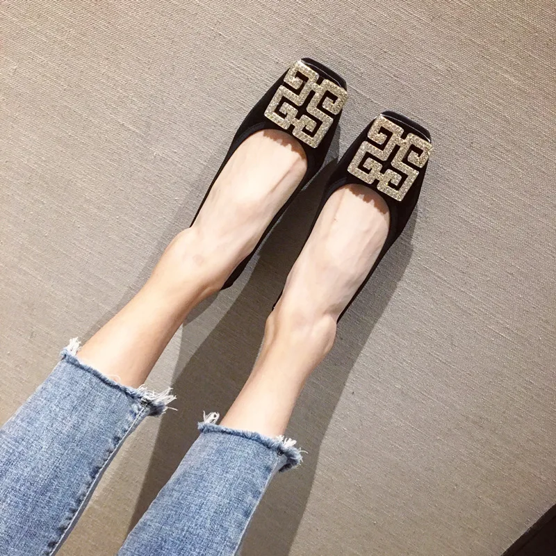 Rhinestone Single Shoes Women Flat Autumn Square Head Shallow Shoes Women Size 4.5-9.5 Flat Loafers Ladies Shoes