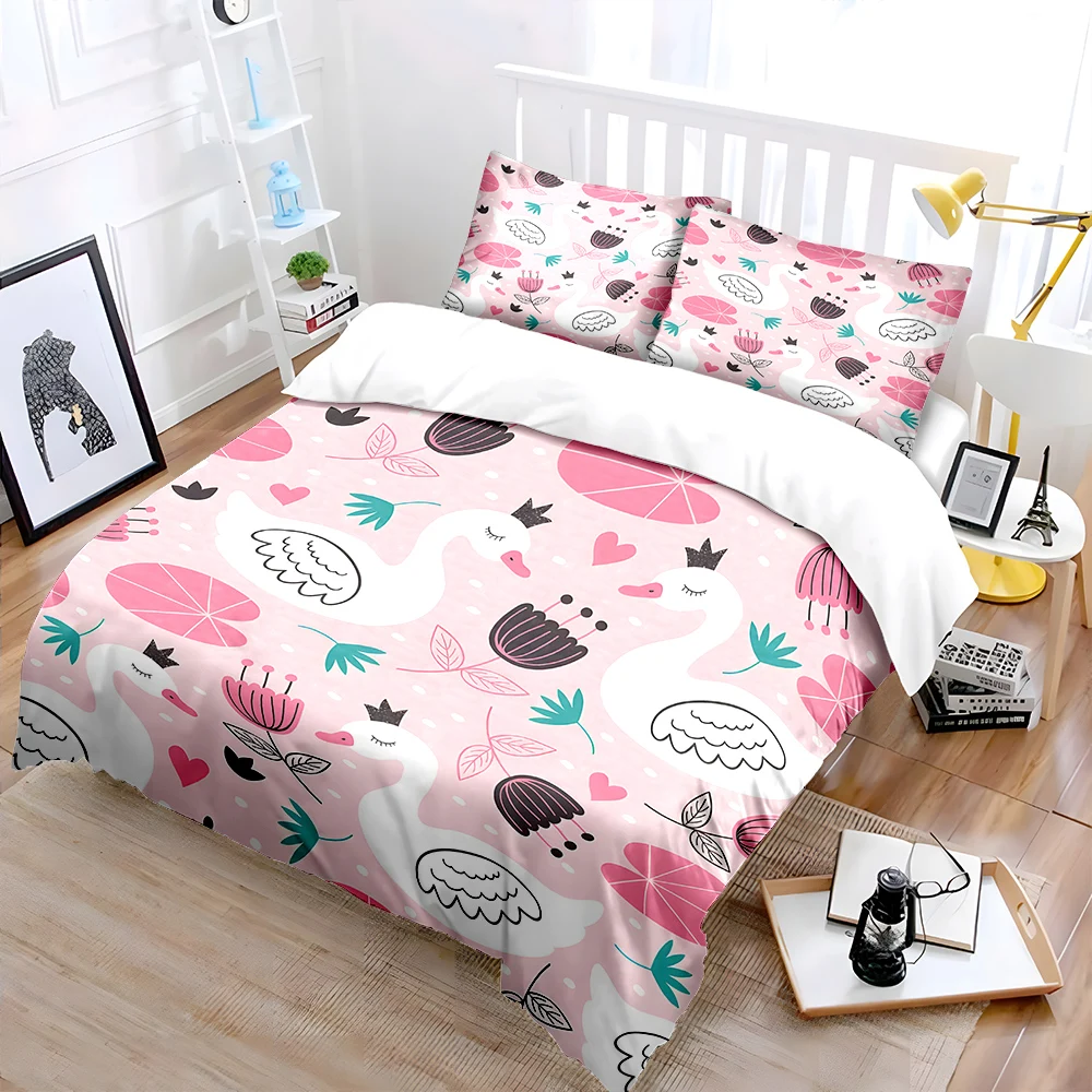 Swans and flowers on pink background Print Bedding Set 1 Duvet Cover 2 Pillowcases for Adult and Children Luxury Gift Full Size