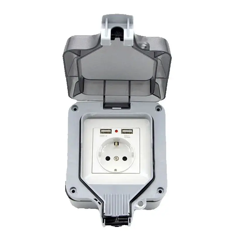 1PCS New Outdoor Waterproof USB Socket Wall Plug UK,EU German ,American,Standard Style 250V 16A Power Supply Jack Special