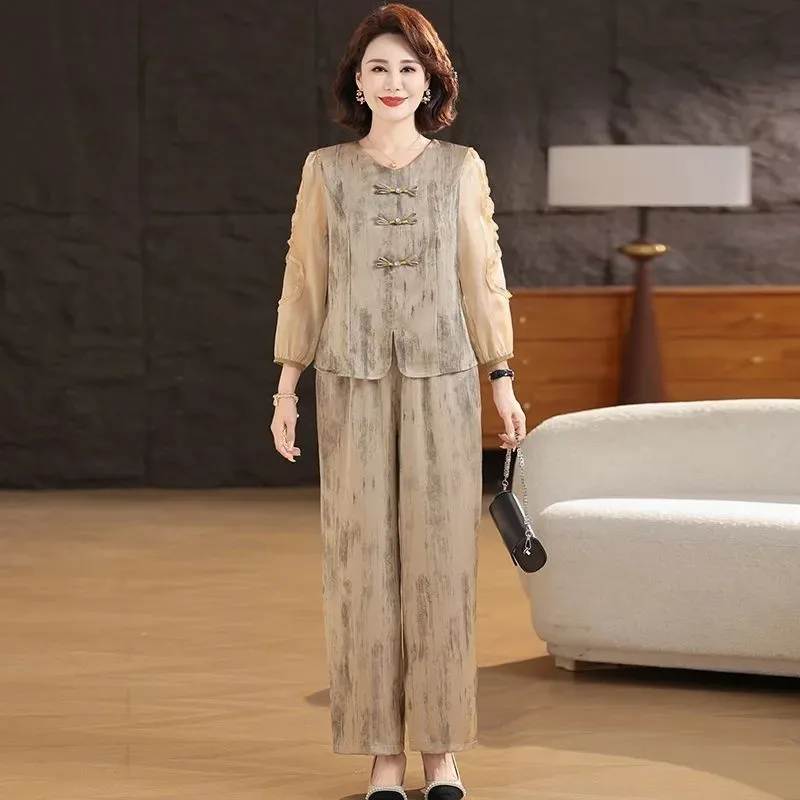 Middle Aged Women Chinese Style Two Piece Set Printed Blouse Wide Leg Pants Summer Elegant Outfit Plus Size L 5XL