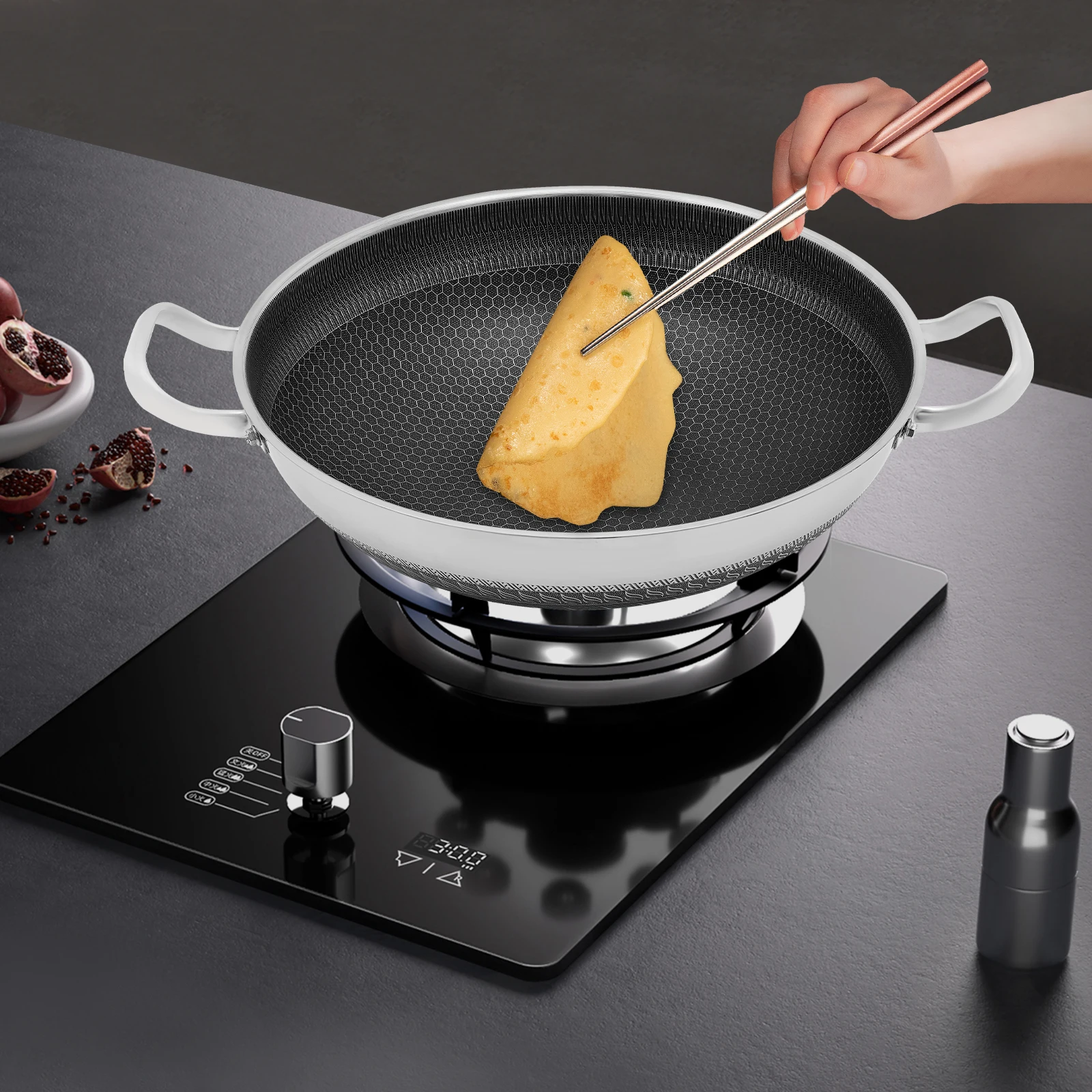 Poêle à frire en acier inoxydable 410 antiadhésive alvéolée avec couvercle en verre trempé, chauffe rapide pour cuisinière à gaz et à induction, argent