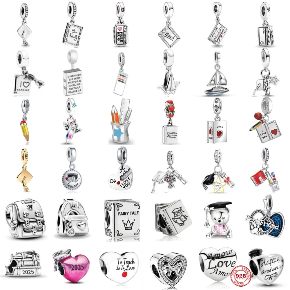

2025 New 925 Silver Graduation Season Hat Charm Backpack Pencil Fit Bracelets Original Women DIY Accessories Jewelry Gifts