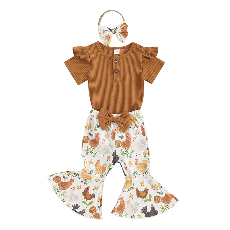 

Baby Girls Spring Outfits Short Sleeve Button Front Romper Flare Pants Headband Set Newborn Clothes