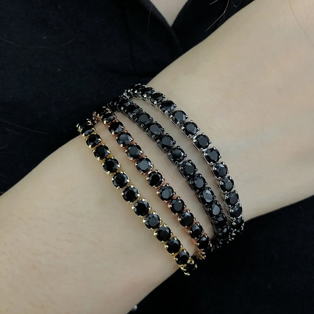 Unusual Black Crystal Tennis Bracelet for Men Steampunk Adjustable Zircon Women\'s Bangle Chain on The Hand Hiphop Hippie Jewelry