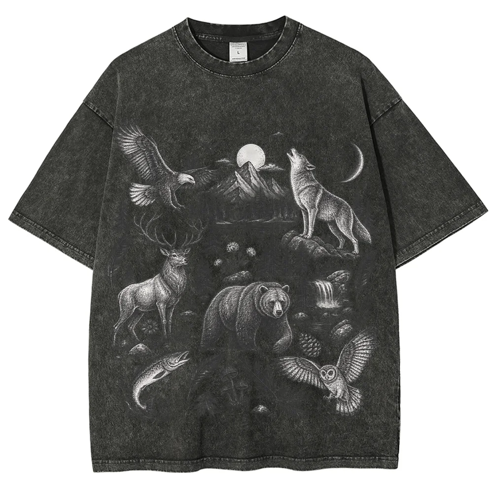 Men T Shirt Vintage Washed Black Wildlife Animals Graphic Wolf Bear Eagle Deer Mountain Retro Short Sleeve Loose Cotton Tops