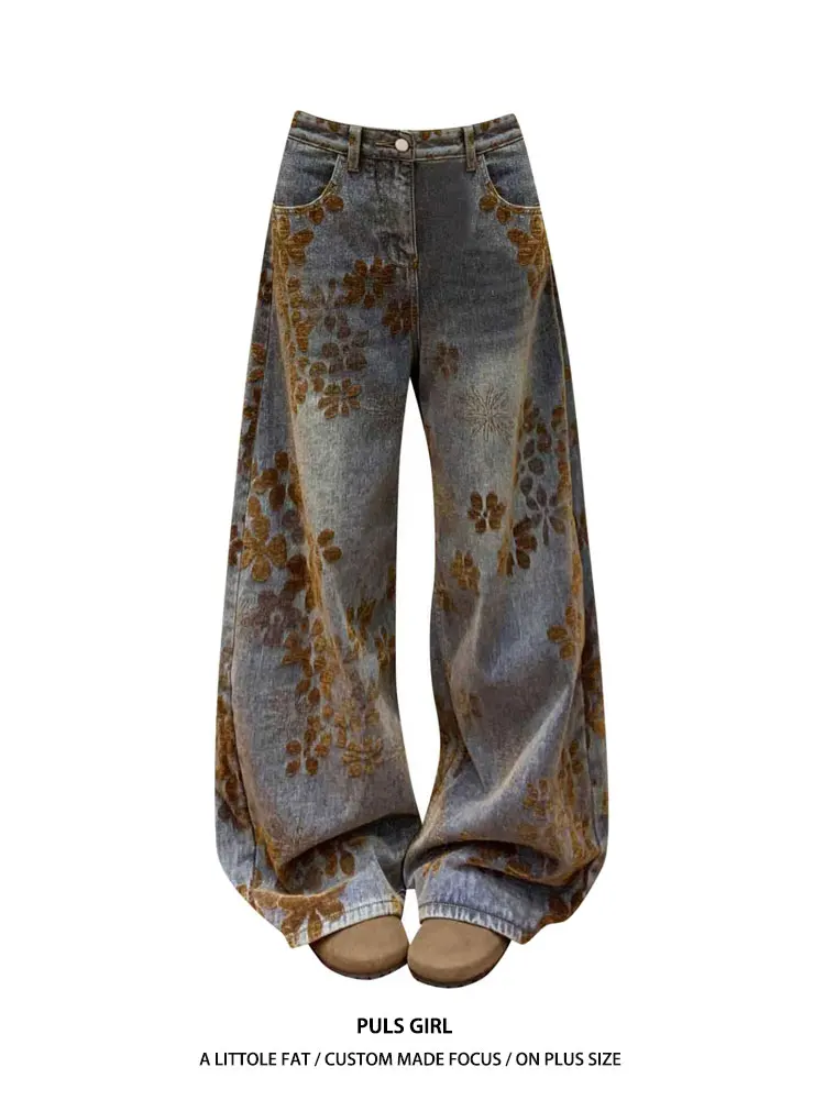 

Large Size American Retro Washed Embroidered Knife Denim Jeans Women's Autumn Winter Loose Slim Wide Leg Pants