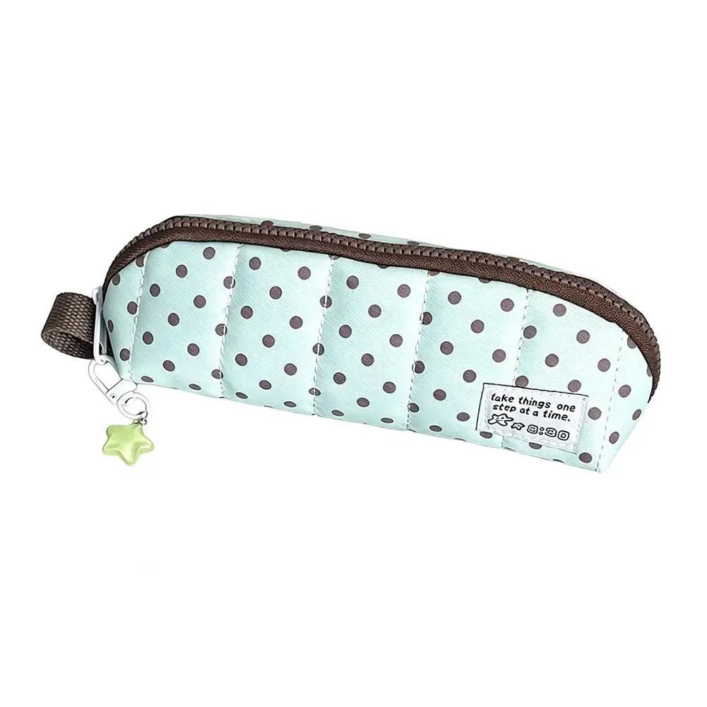 Polka Dot Pencil Case Padded Quilted Fabric Pencil Pouch Large Capacity Pen Bag Organizer with Side Loop for School Office