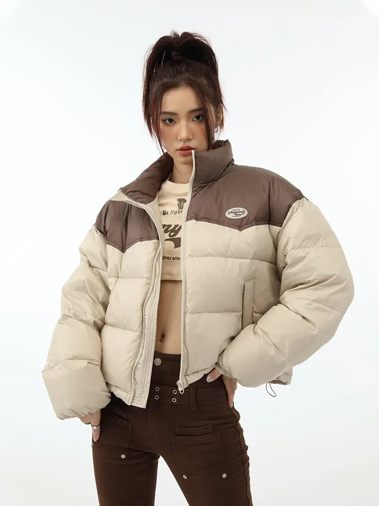 Patchwork Warm Parkas Women High Street Y2K Stand Collar Cotton-Padded Jackets Vintage Oversize Coats Autumn Winter New