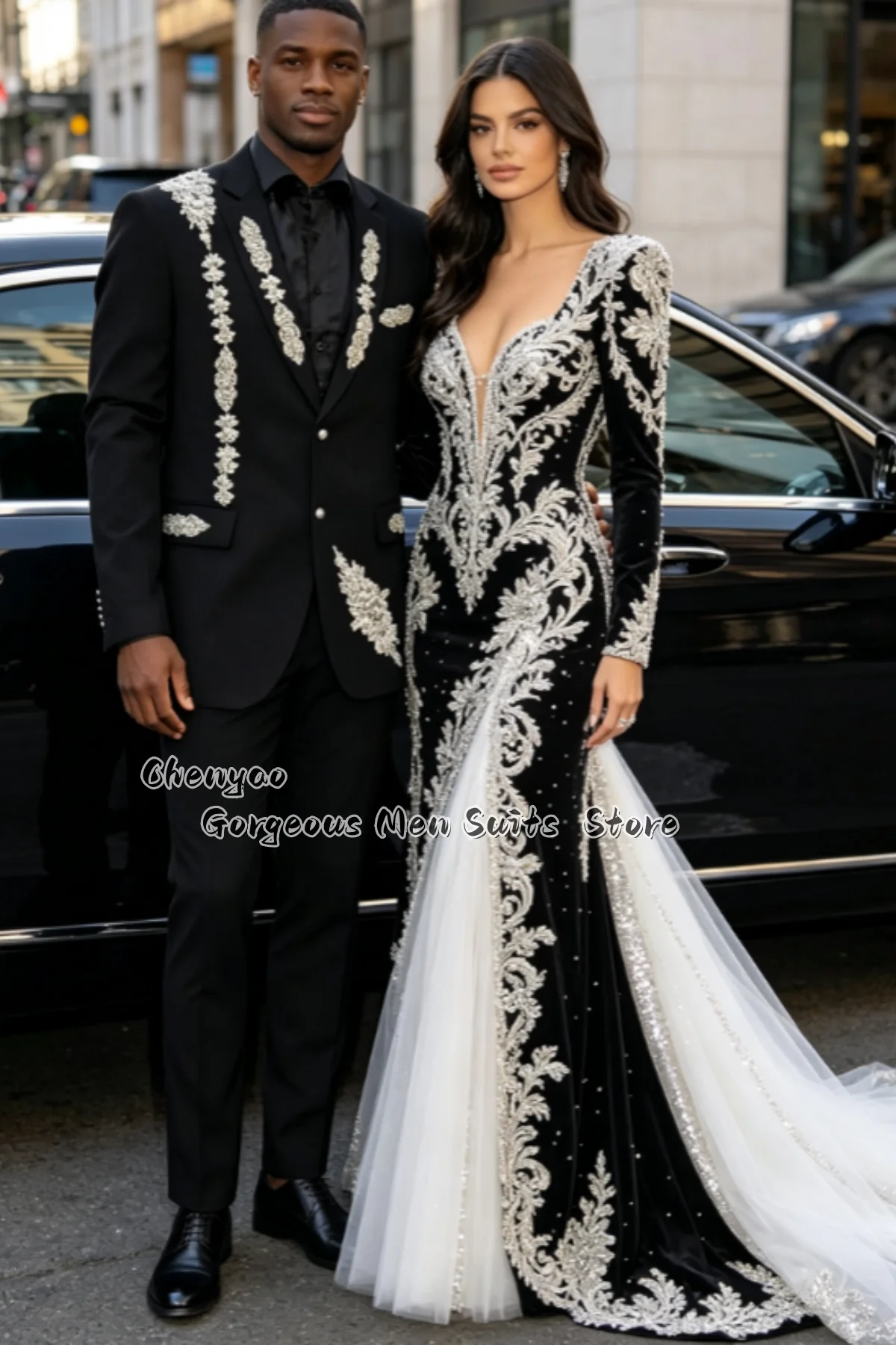 Classic Black Three Piece Groom Men Suit Scattered Floral Embroidery Tuxedos Banquet Party Male Blazers 3Pieces ropa hombre