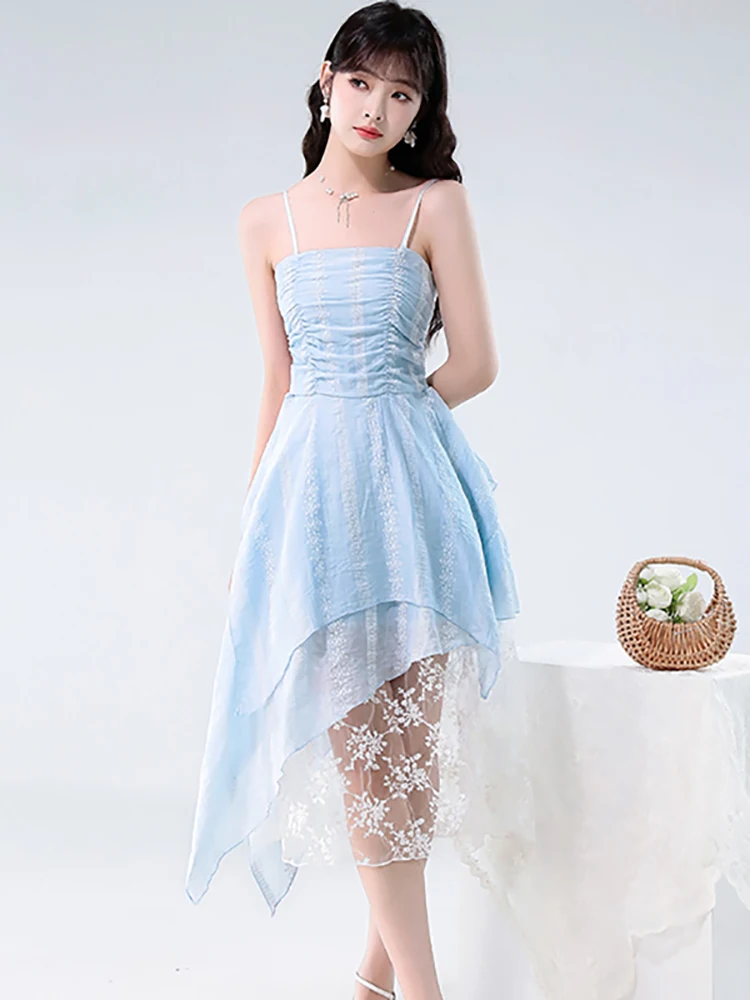 Femmes bleu Jacquard Patchwork dentelle robe à volants été élégant décontracté fronde robe Sexy 2025 coréen moulante Festival robe de soirée