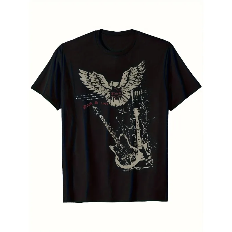Y2K Retro Music T-shirt - Eagle and Guitar Pattern Street T-shirt Summer New Unisex High Street T-shirt