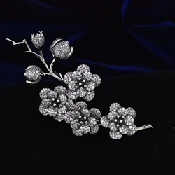 High-set dress brooch gun-plated black zircon plant modeling pure hand-made