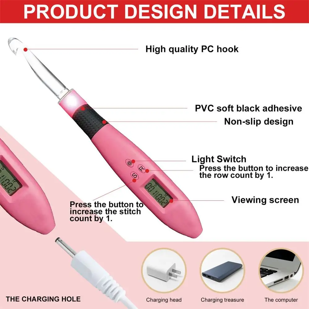 17pcs Crochet Hook Set with Counter Ergonomic Knitting Needles Kit with Led Light&Row Digital Counter DIY Tool for Knitting Hook