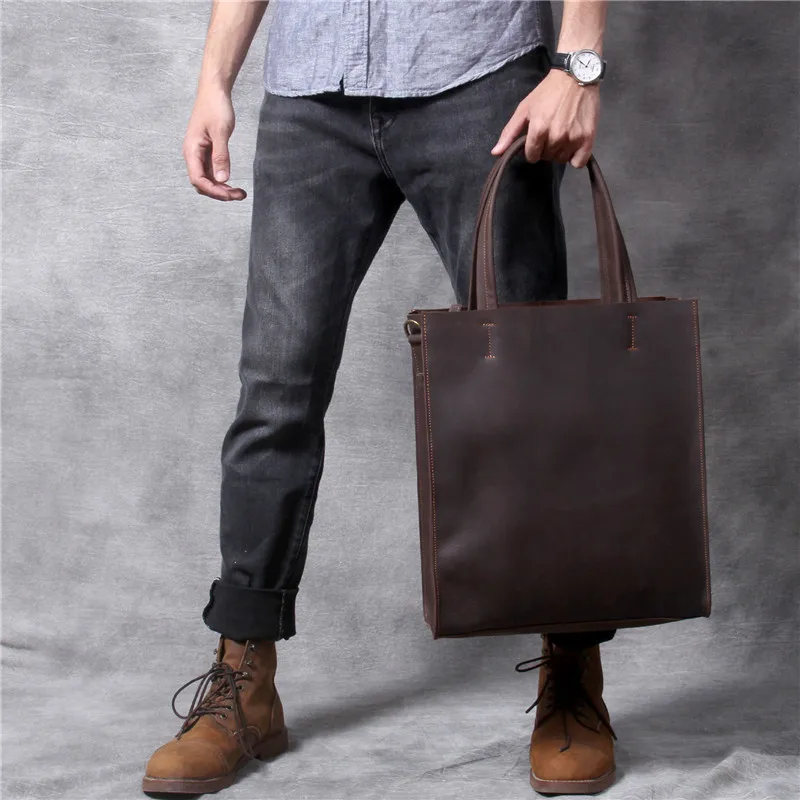 

Fashion vintage genuine leather men's tote bag casual simple crazy horse cowhide shoulder bag work holdall large laptop handbag