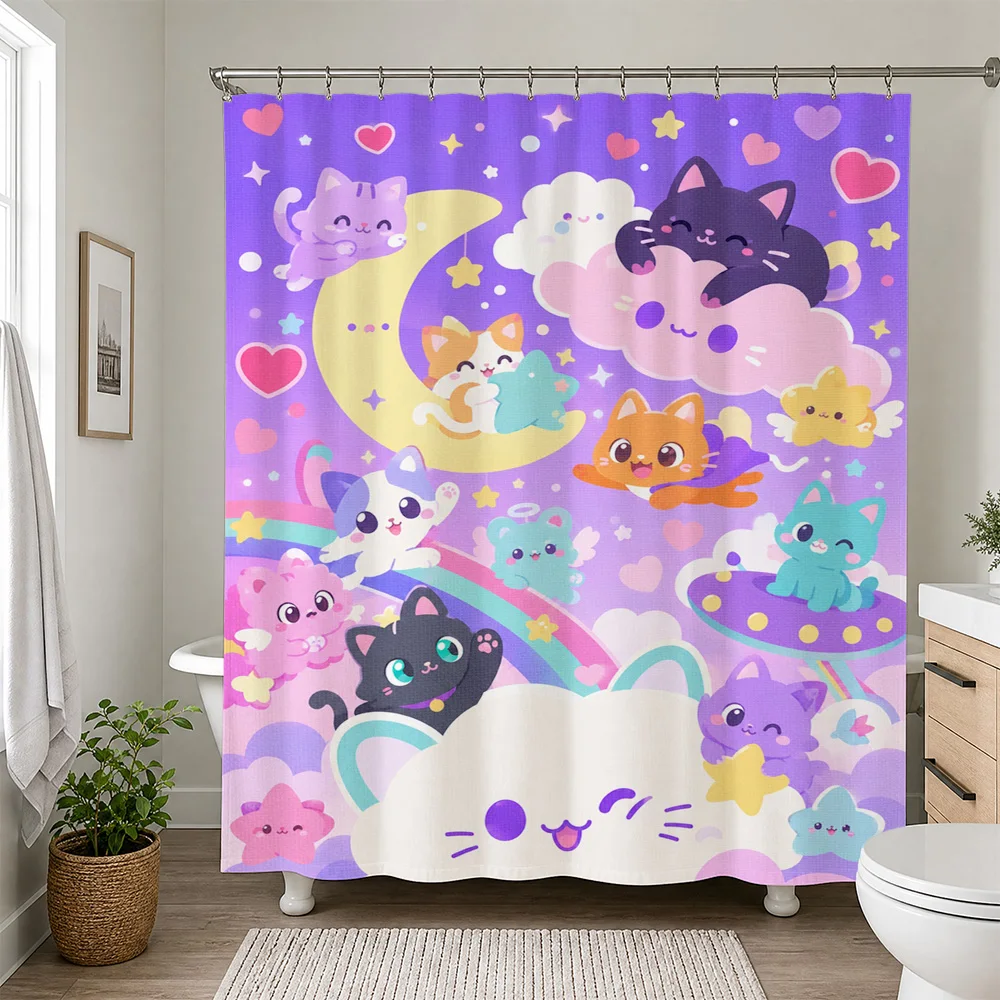 Cute Kawaii Cartoon Animals Rainbow Moon Shower Curtain Bathroom Decor Fun Kids Nursery Shower Curtain