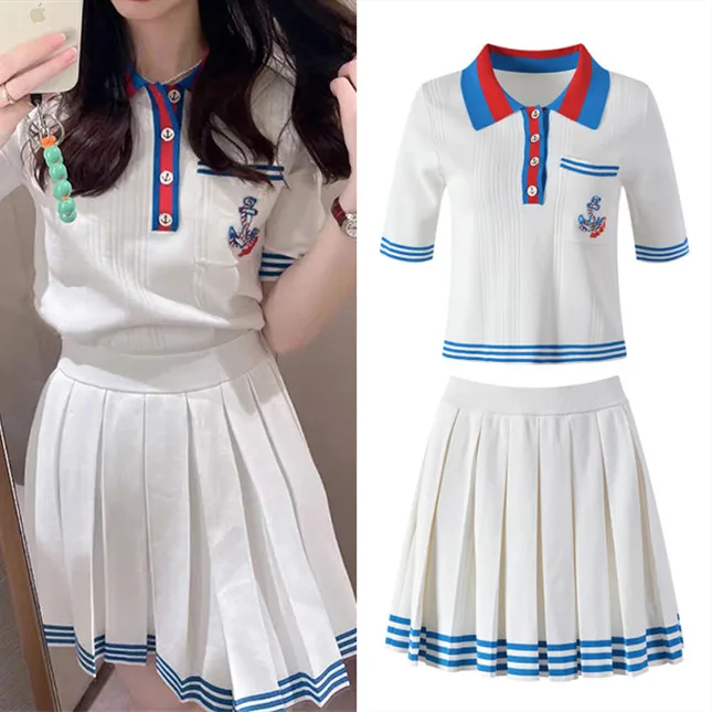 

Высококачественный летний новый милый школьный вязаный комплект Dr с плиссированной юбкой для женщин, комплект из двух предметов, моющийся