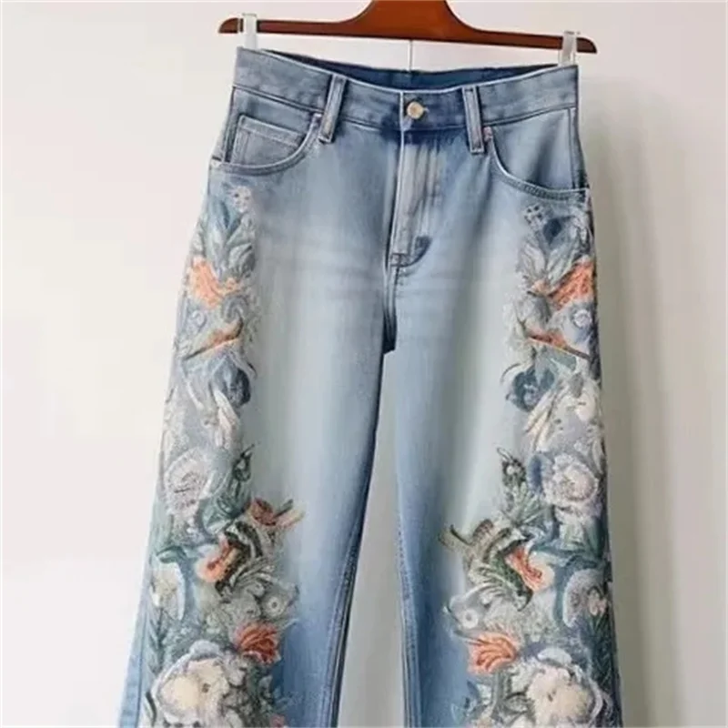 Embroidery Retro Denim Wide-Leg Pants Women's 2024 Spring And Autumn New High Waist Loose Temperament Design Straight Jeans