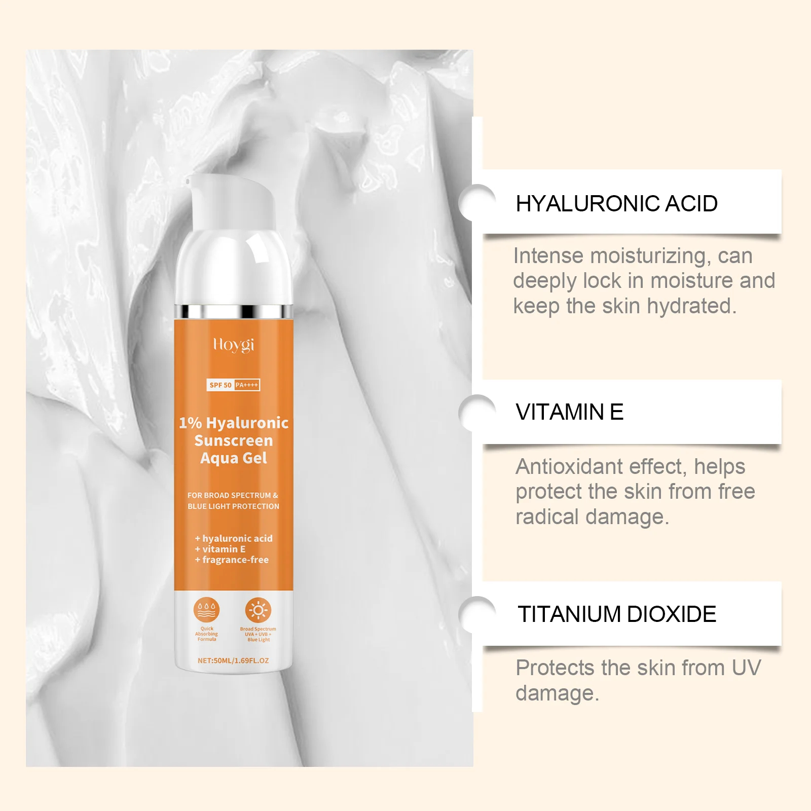 حمض الهيالورونيك SPF 50+ حماية من الأشعة فوق البنفسجية، كريم عزل واقي من الشمس مضاد للأكسدة، خفيف الوزن، كوري، مناسب لجميع أنواع البشرة