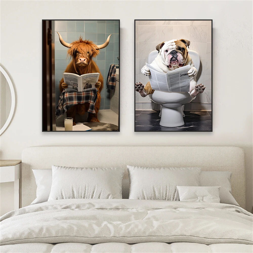 Cute Animal Bathroom Poster Highland Cow Oil Painting Prints Funny Polar Bear Canvas Painting Home Toilet Wall Art Decoration