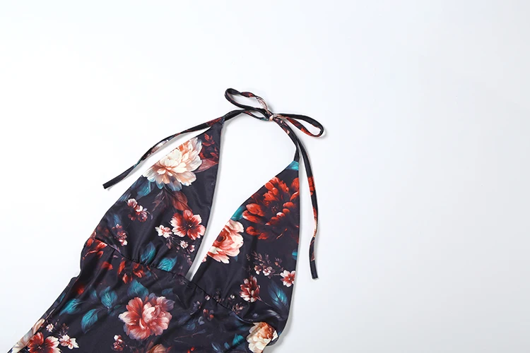 Weird Puss Sexy Rückenfreies Langes Kleid für Damen mit Blumenmuster, Schnürung, Neckholder, Tiefer Ausschnitt, Ärmellos, Mitternachts-Abendkleid, Elegantes Vestido – Detail 6
