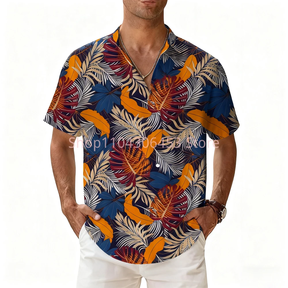 Men's 8-color Natural Leaves Flowers 3D Printed Short-sleeved Lapel Hawaiian Beach Vacation Thin Breathable Casual Shirt Top