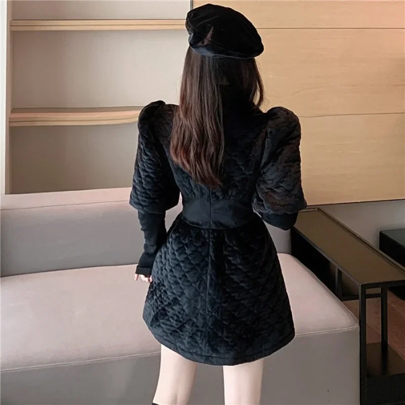 New Women Fashion Black Suit 2 Piece 2024 Winter Warm Slim Cotton Coat Jacket and Short Skirt Casual Two Pices Set Female Parka