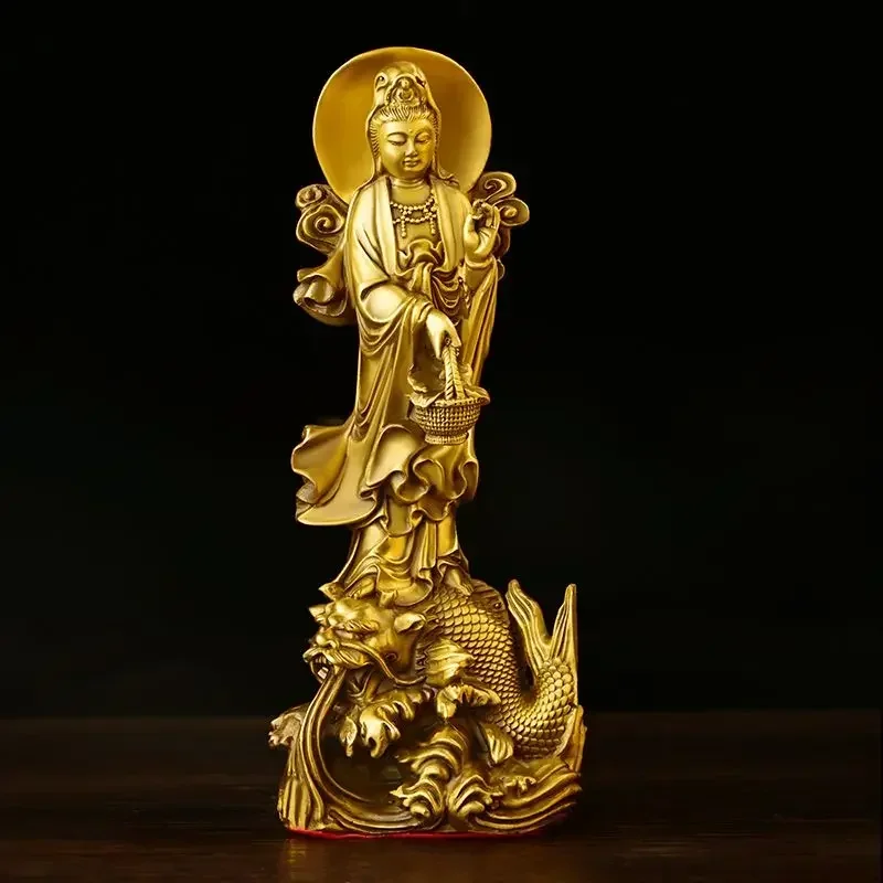 Feng Shui Copper Dragon Guanyin Ornaments Stand Bodhisattva Statue Home Living Room Desktop Buddha Decor