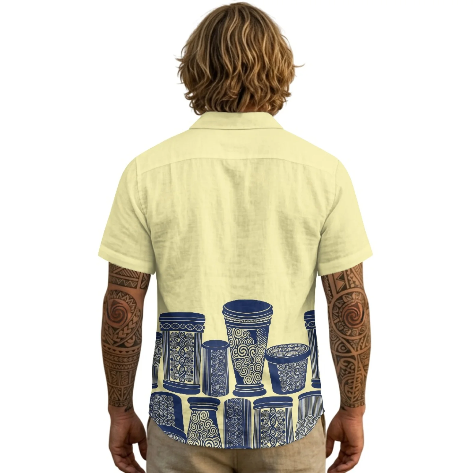 PENSTROLL Blue Ancient Vessel Linen Like Men Short-Sleeved Shirts, Male Single Breasted Basic Top for Youth Casual Wear S-3XL