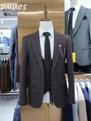 High Quality Plaid Men's Suit set For Wedding Dress Formal Autumn and Winter Suit Jacket Vest Pants For Business Men Groomsmen