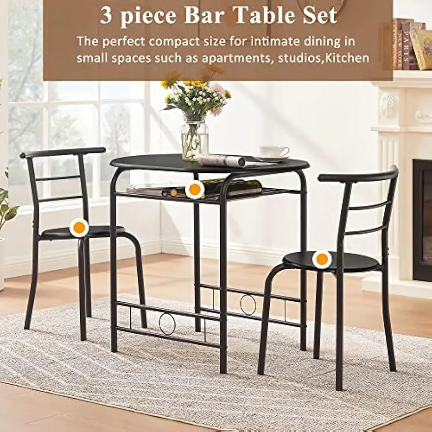 3 Piece Small Round Dining Table Set for Kitchen Breakfast Nook, Wood Grain Tabletop with Wine Storage Rack, Save Space