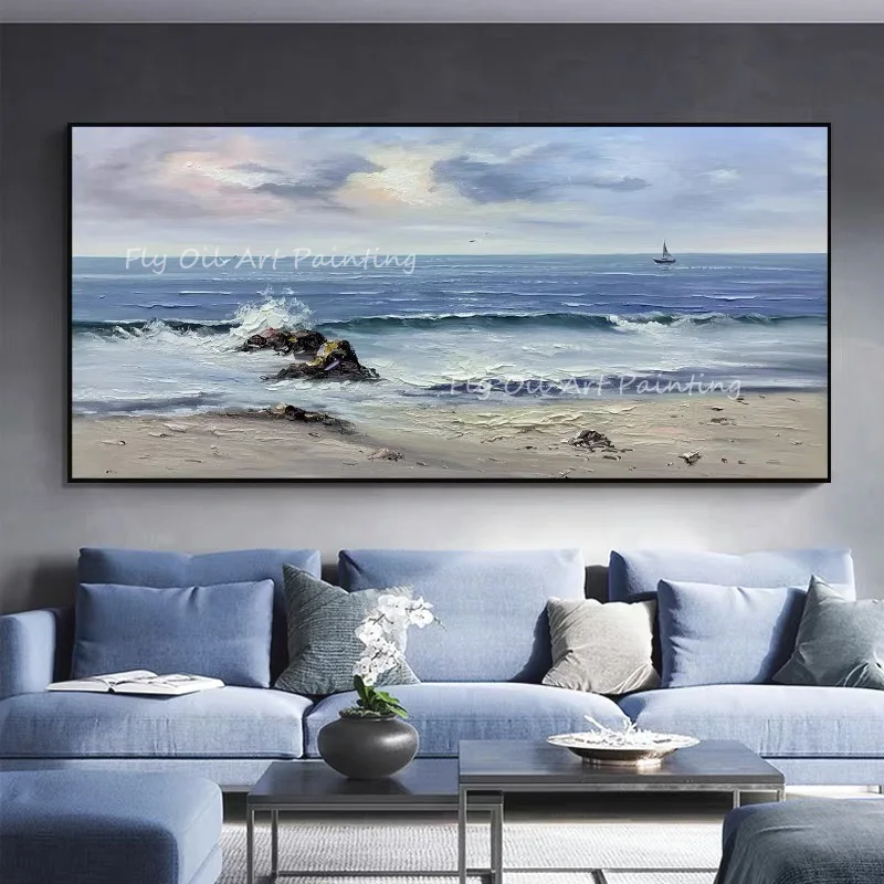 

Modern Abstract Ocean Seaside Navy Blue Canvas 100% Hand Painted Big Size Oil Painting Wall Art Canvas Pictures for Living Room