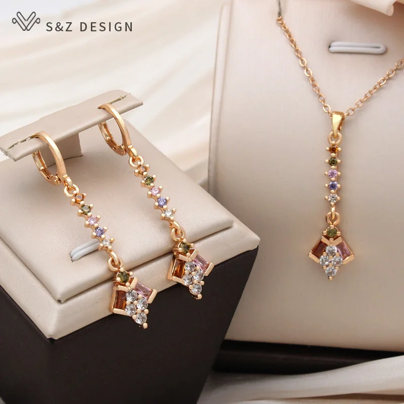 S&Z DESIGN New Fashion Long Colorful Beetle Cubic Zirconia Dangle Earrings Jewelry Sets For Women Gold Color Pendant Necklace