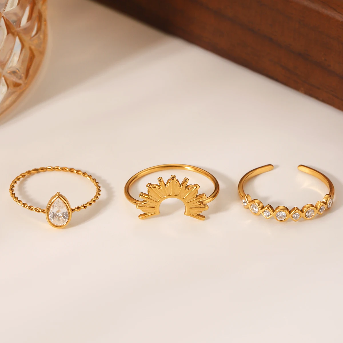 

Jewelry Set Women Stainless Steel Ring Stackable Ring Inlaid With Zircon Waterproof Light Luxury Water Drop Geometric Ring