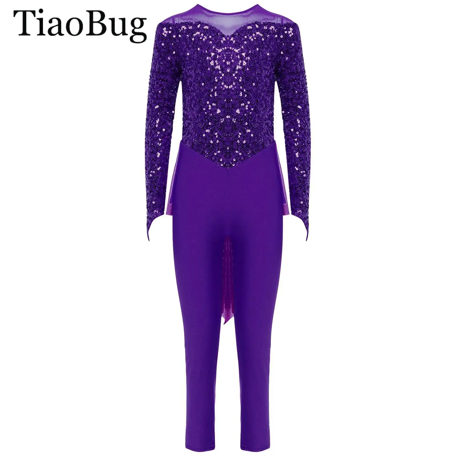 

Girls Sequin Artistic Gymnastics One-piece Suit Long Sleeve Ballet Leotard Skating Dance Jumpsuit Bodysuit Full Body Unitards