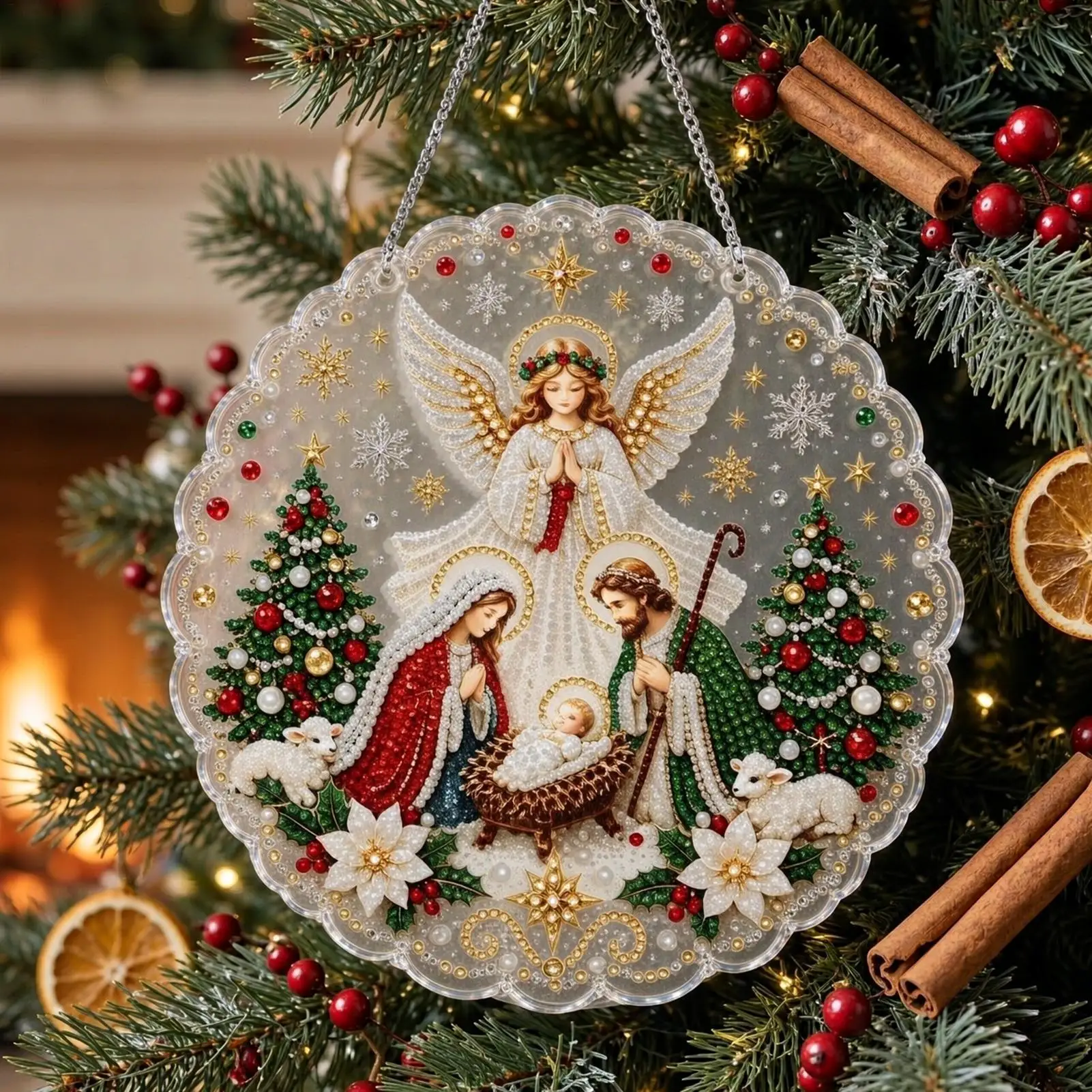Christmas Sun Catchers DIY Rhinestones Angel Nativity Scene Craft Christmas Pearl Painting For Trees Window Holiday Crafts