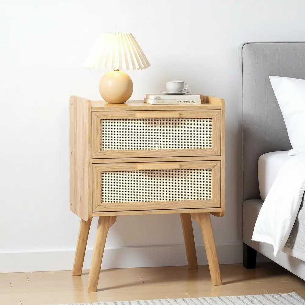 

Прикроватная тумбочка в стиле бохо с 2 ящиками, приставной столик с элементами из ротанга, ножки из массива дерева для спальни, общежития, небольших помещений (натуральный цвет)