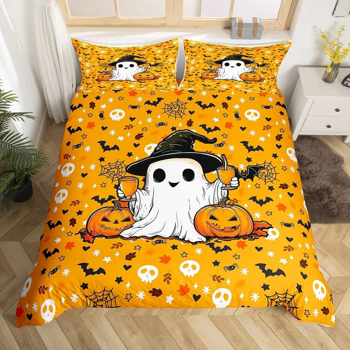 Cartoon Ghost Duvet Cover Scary Halloween Theme Bedding Set Spooky Pumpkin Comforter Cover Skull Skeleton Bed Cover Twin Queen