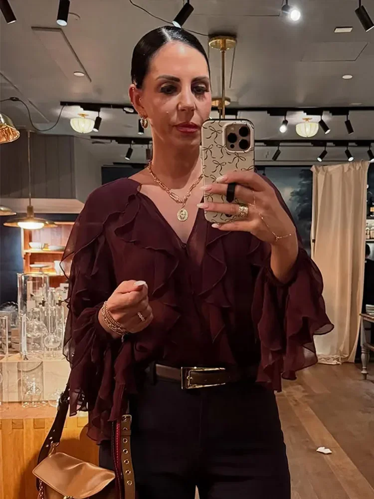 Elegant Solid Ruffles Chiffon Thin Shirts for Woman 2025 Spring New V Neck Long Sleeved Buttons Blouse Fashion Office Lady Tops