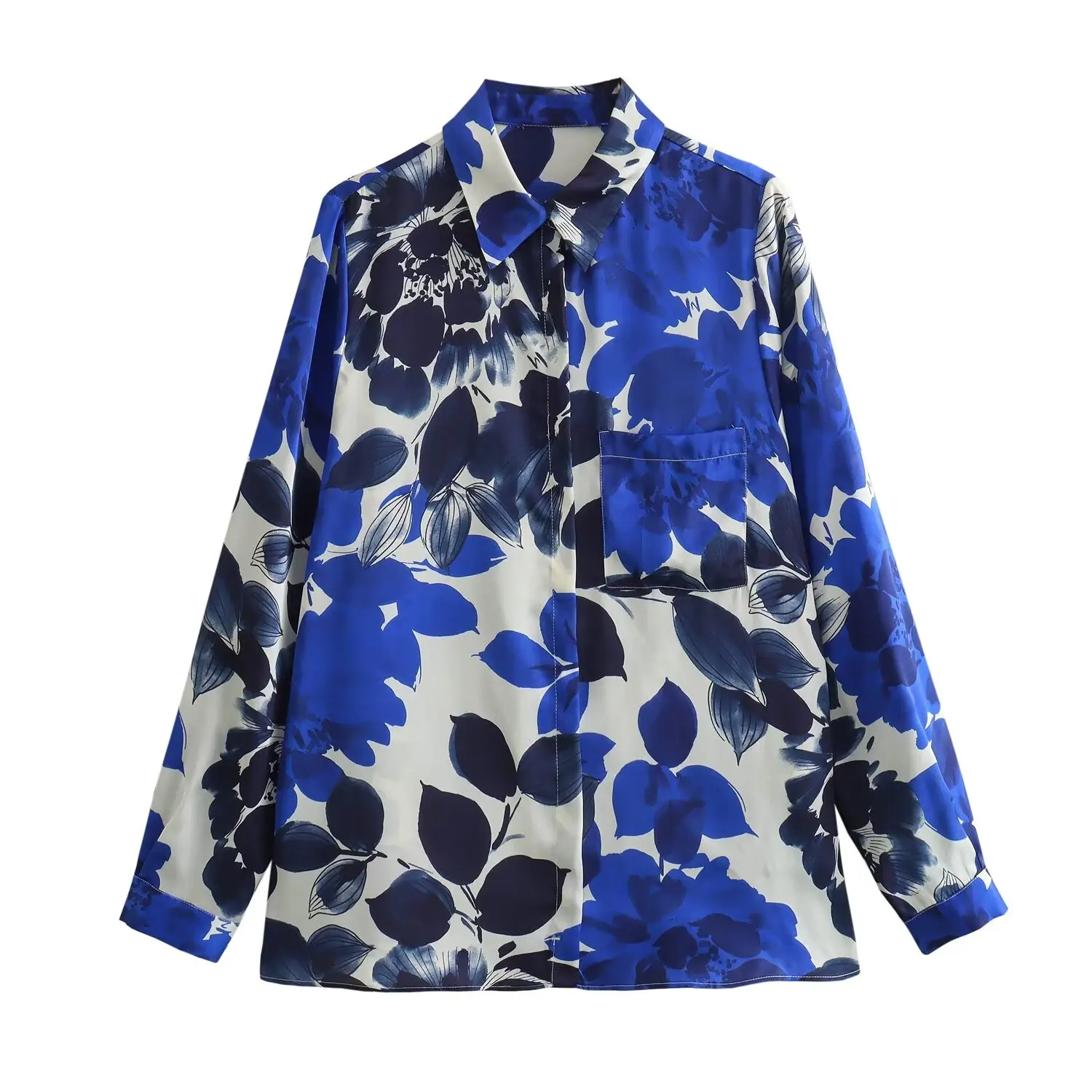 Flower Printed Silk Shirt for Women, Satin Texture, Casual Versatile, Single Breasted, Long Sleeved Top, New Fashion