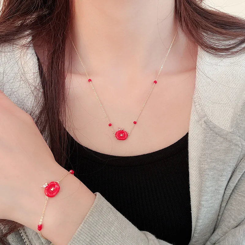 

Minar Trendy Red Enamel Apple Simulation Fruit CZ Zircon Pendant Necklaces for Women 14K Real Gold Plated Copper O-chain Chokers