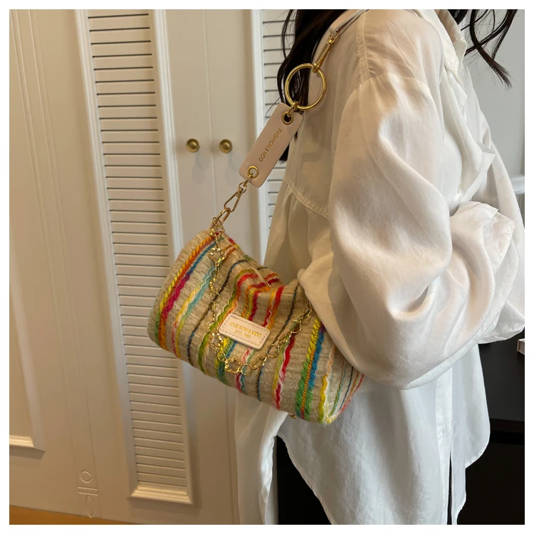 Bolsos cruzados a rayas coloridas para mujer, bolsos de mensajero con cadenas de tela suave, Mini paquetes cuadrados casuales con cremallera, moda